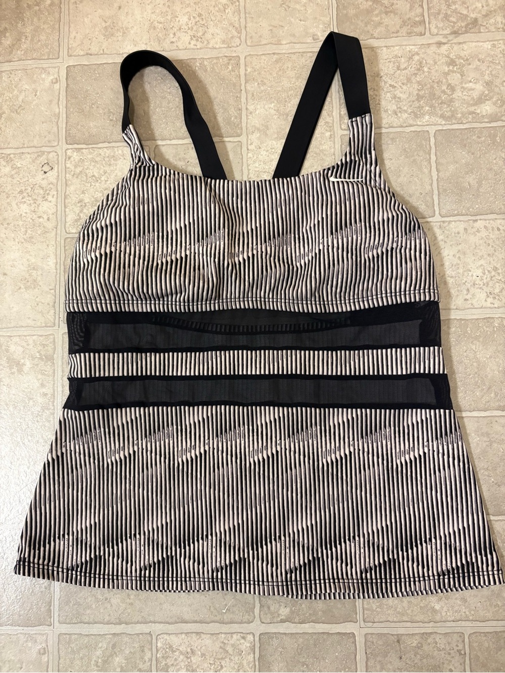Nike Black & White Striped W/Mesh Swim Bathing Suit Top Large
